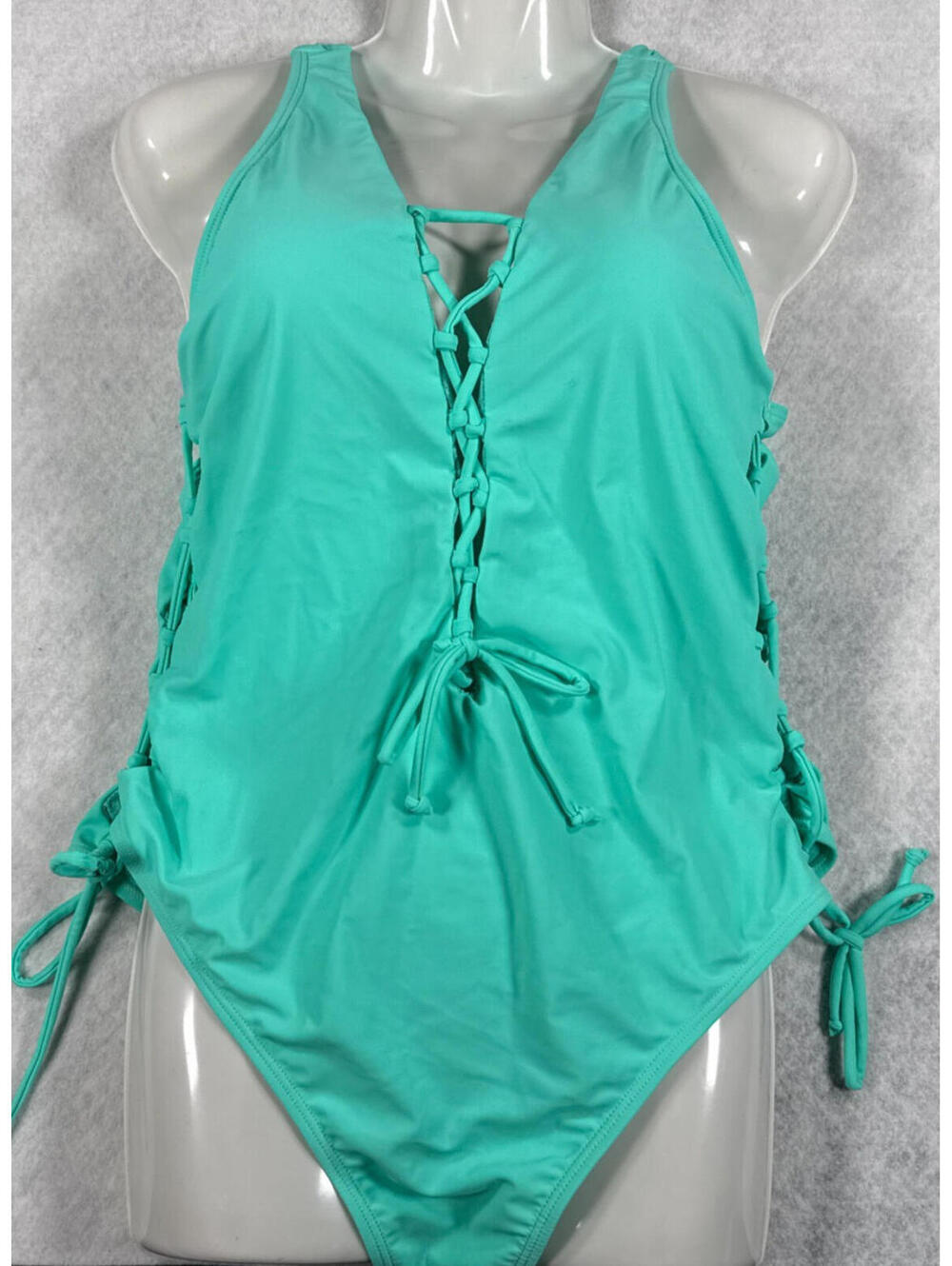 Womens XL Teal Lace Up Cutout Back One Piece Swimsuit NWOT